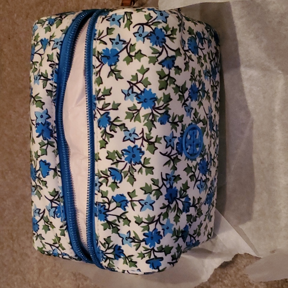 Tory birch large makeup bag new sold out gorgeous blue white leather dust cover - Picture 1 of 12